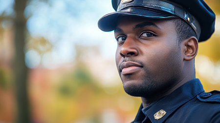 This portrait features a young male police officer in uniform, showcasing his confidence and commitment to public safety. The background hints at a community setting.の素材