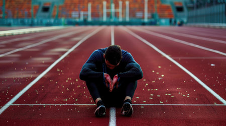 Athlete on the track, injured and alone with no medical supportの素材