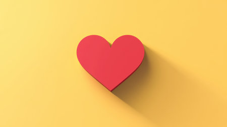 A vibrant red heart shape rests on a cheerful yellow background, casting a soft shadow. This simple design evokes feelings of love, warmth, and affection. Perfect for themes of romance and positivity.の素材