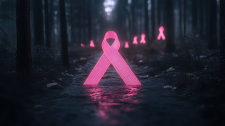 A neon pink awareness ribbon stands illuminated in a dark forest, symbolizing support and hope. The serene environment enhances the message of health and empowerment.の素材