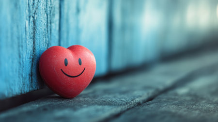 A charming red heart with a smile rests on a wooden surface, set against a soothing blue background. This image evokes feelings of happiness and love, perfect for various artistic themes.の素材