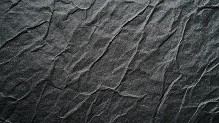 A close-up view of a textured black crumpled paper surface, featuring subtle wrinkles and lighting effects, ideal for artistic and abstract design projects.の素材