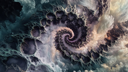 This captivating abstract image features a swirling spiral pattern with vibrant colors and intricate shapes, evoking a sense of depth and movement.の素材