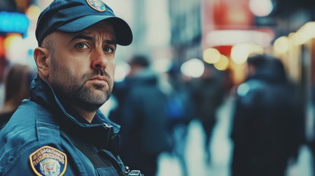 A serious law enforcement officer stands confidently in a busy urban setting at night, showcasing his dedication to safety and community protection.の素材