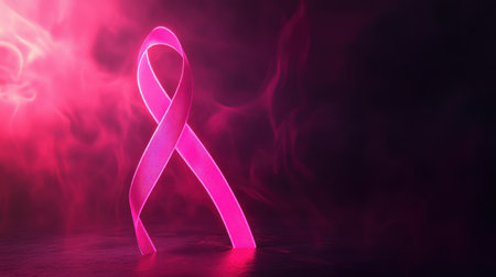 A vibrant pink ribbon representing hope and awareness for health causes, illuminated against a blurred background, signifying support and unity in the fight against illness.の素材