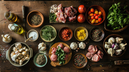 An overhead shot of various ingredients laid out on a table, ready for cooking.の素材