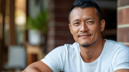 A confident man smiles warmly outdoors, showcasing natural light and a relaxed atmosphere. The portrait reflects a serene lifestyle and genuine happiness.の素材