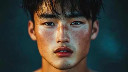 This close-up portrait captures the striking features of a young man, showcasing his freckles and intense expression against a blurred background.の素材