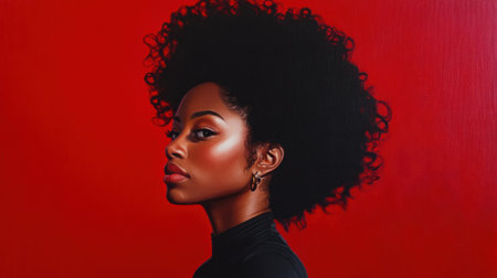 This captivating portrait features a confident young woman with natural curly hair against a vibrant red background, showcasing her beauty and elegance.の素材