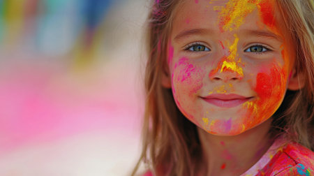 A joyful child with a face full of colorful paint smiles at a lively festival, capturing the spirit of celebration and creativity. A moment of pure happiness.の素材
