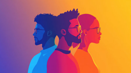 This vibrant illustration showcases diverse individuals in profile, emphasizing unity through contrasting colors. It captures modern expression and creativity.の素材