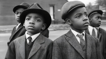 This captivating black and white portrait features young boys dressed in classic clothing. Their serious expressions convey depth and emotion, capturing a moment of heritage and identity.の素材