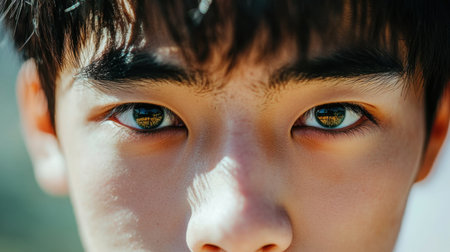 Intimate close-up of a young man's face showcasing his captivating eyes and natural beauty. The play of light enhances his striking features, expressing depth.の素材