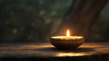 A beautiful candle flickers gently on a wooden table, creating a warm and tranquil atmosphere in a serene natural setting, perfect for relaxation and reflection.の素材