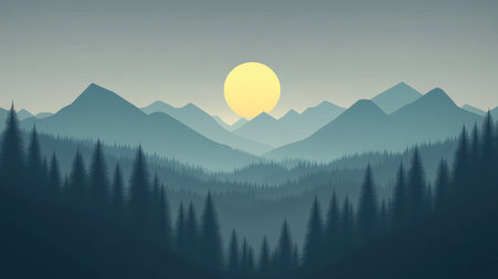 A tranquil mountain landscape featuring a warm sunrise illuminating the misty hills and dense forest below, evoking a sense of peace and harmony.の素材