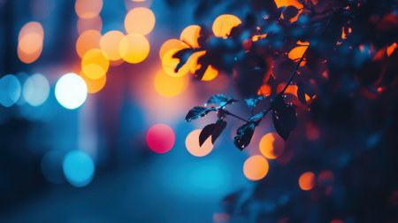 A serene nighttime urban scene featuring blurred colorful bokeh lights and dew-kissed leaves. This artistic representation captures tranquility in an urban setting.の素材