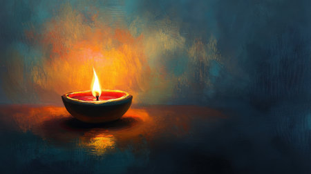 A beautifully painted candle casts a warm glow in a serene setting. The soft illumination creates an inviting atmosphere, perfect for relaxation or reflection.の素材
