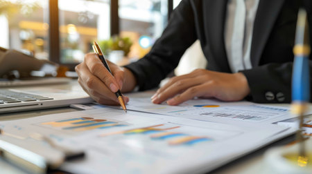 Business investor writing notes on financial documents at a sleek deskの素材