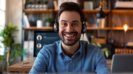 Businessperson on a video call, using a headset and smiling at the screenの素材
