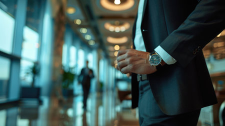 Businessperson checking their watch, standing in an airport loungeの素材