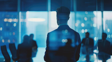 Businessperson confidently leading a meeting in a modern conference room, colleagues attentively listeningの素材