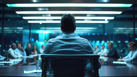 Businessperson confidently leading a meeting in a modern conference room, colleagues attentively listeningの素材