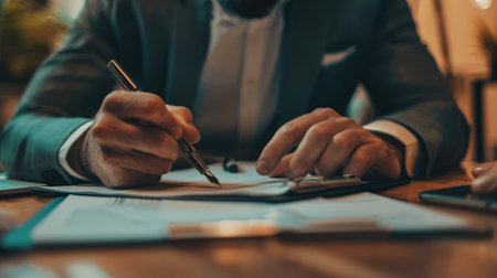 Businessperson signing important documents at a desk, pen in handの素材