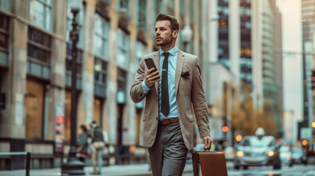 Businessperson walking through a city street, talking on a phone, briefcase in handの素材