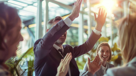Businessperson celebrating with a team, high-fiving in a bright, modern officeの素材