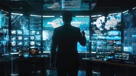 Businessperson leading a virtual meeting, multiple screens and participants visibleの素材