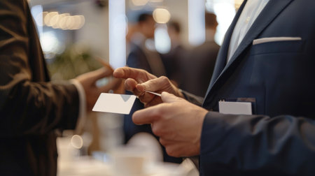Businessperson networking at a corporate event, exchanging business cardsの素材
