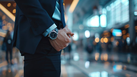 Businessperson checking their watch, standing in an airport loungeの素材
