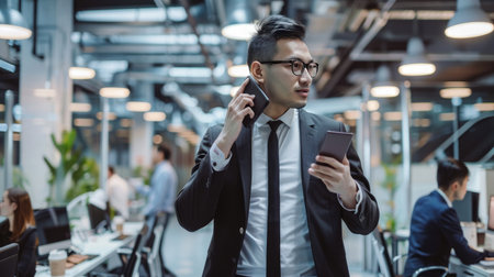 Businessperson in a busy office environment, walking briskly while talking on a phoneの素材