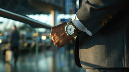 Businessperson checking their watch, standing in an airport loungeの素材