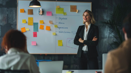 Businessperson standing in front of a whiteboard, explaining a strategy to a teamの素材