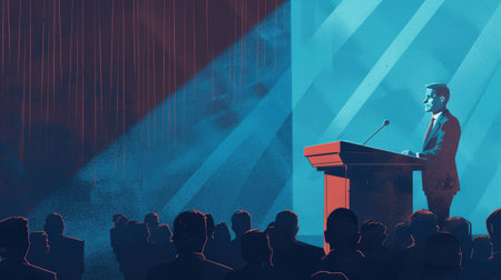 Businessperson standing at a podium, addressing an audience at a conferenceの素材