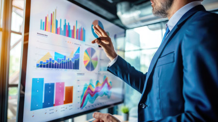 Businessperson giving a presentation with a projector, charts and graphs displayedの素材