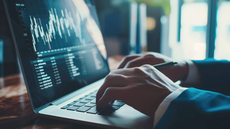 Businessperson reviewing financial charts on a laptop, focused and determinedの素材