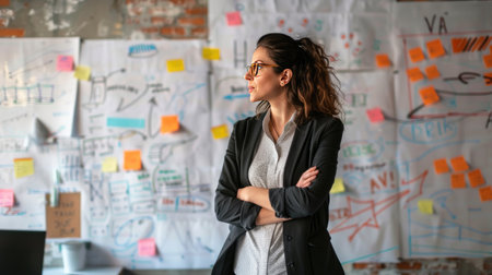 Businessperson standing in front of a whiteboard, explaining a strategy to a teamの素材