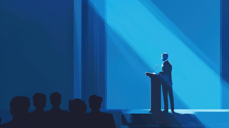 Businessperson standing at a podium, addressing an audience at a conferenceの素材