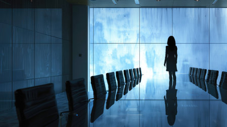 Businesswoman in an empty conference room, awaiting help that never arrivesの素材