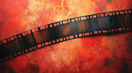 A vintage film strip elegantly drapes across a warm-toned artistic background, evoking nostalgia and artistic creativity in photography, cinema, and design.の素材
