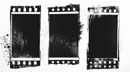 Unique vintage film strips featuring blank frames with grunge texture. Perfect for creative projects, backgrounds, and artistic expressions in photography.の素材