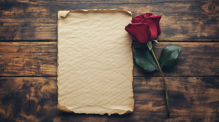 A vintage, textured paper lays serenely next to a beautiful red rose on a rustic wooden surface, perfect for themes of love and romance.の素材