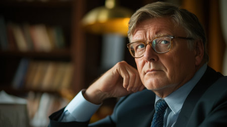 A thoughtful businessman with glasses gazes intently, surrounded by books in an elegant office. His serious expression reflects deep contemplation, capturing a moment of focus.の素材