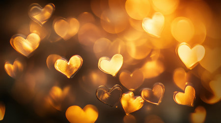 This enchanting image features heart-shaped bokeh lights glowing softly against a golden backdrop, creating a warm and romantic atmosphere, perfect for love-themed projects.の素材
