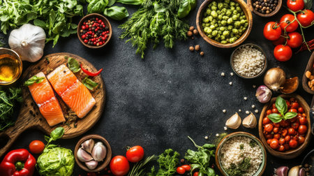 A vibrant arrangement of fresh ingredients featuring salmon, colorful vegetables, and aromatic herbs on a rustic stone surface, perfect for culinary inspiration.の素材