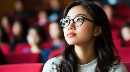 A young woman with glasses gazes thoughtfully in a theater, surrounded by an audience. Her expression reveals curiosity and engagement with the performance.の素材