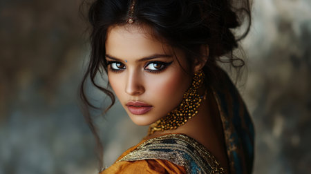 A captivating portrait of a woman adorned in traditional attire, showcasing striking makeup and intricate jewelry. Her expressive gaze and elegant hairstyle embody beauty and culture, creating an inspiring visual narrative.の素材