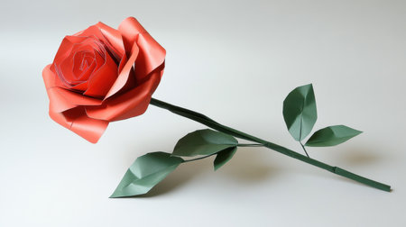 This stunning handmade paper rose features vibrant red petals and lush green leaves, showcasing exceptional craftsmanship and artistic flair. Perfect for decor.の素材